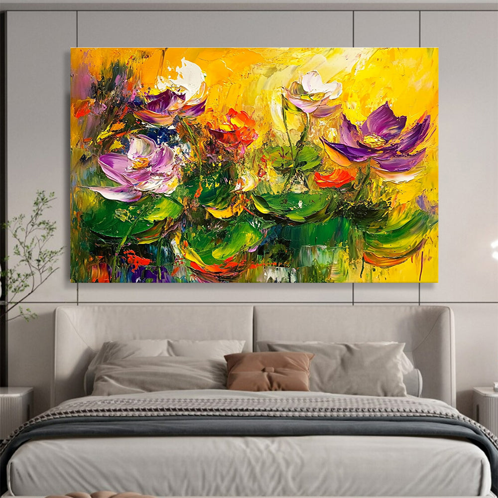 Large abstract painting featuring lotus flowers in green and purple on a yellow background with thick brush strokes and vibrant colors.SC195