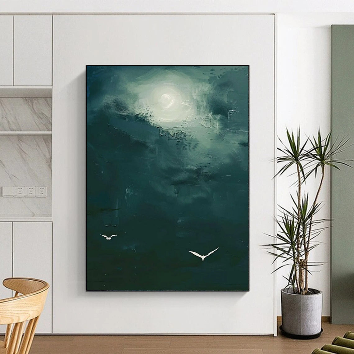Green Sky with Birds Abstract Painting with Mysterious Light ADGE508