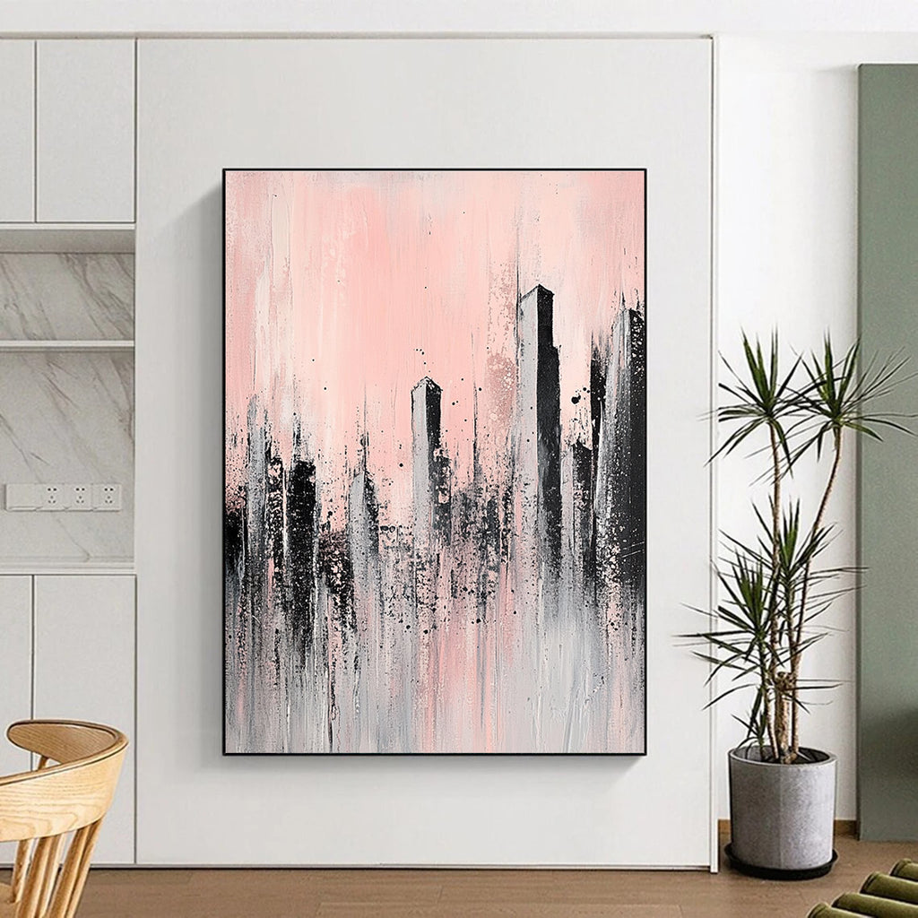 Large abstract painting of skyscrapers in pale pink and grey featuring unique textures that evoke a sense of urban elegance and tranquility.STSC332