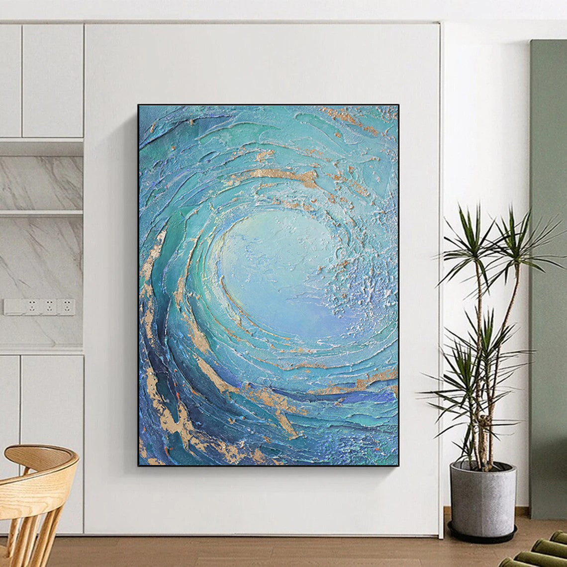 Blue and Gold Swirl Abstract Painting with Textured Layers ADGE332