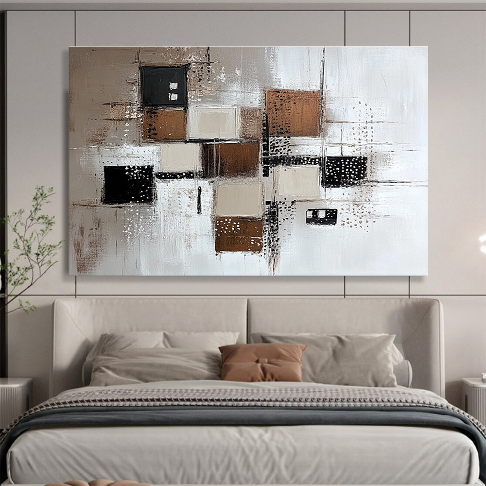Large abstract painting featuring a white background with various brown and grey squares and neutral-toned lines and dots.SC213