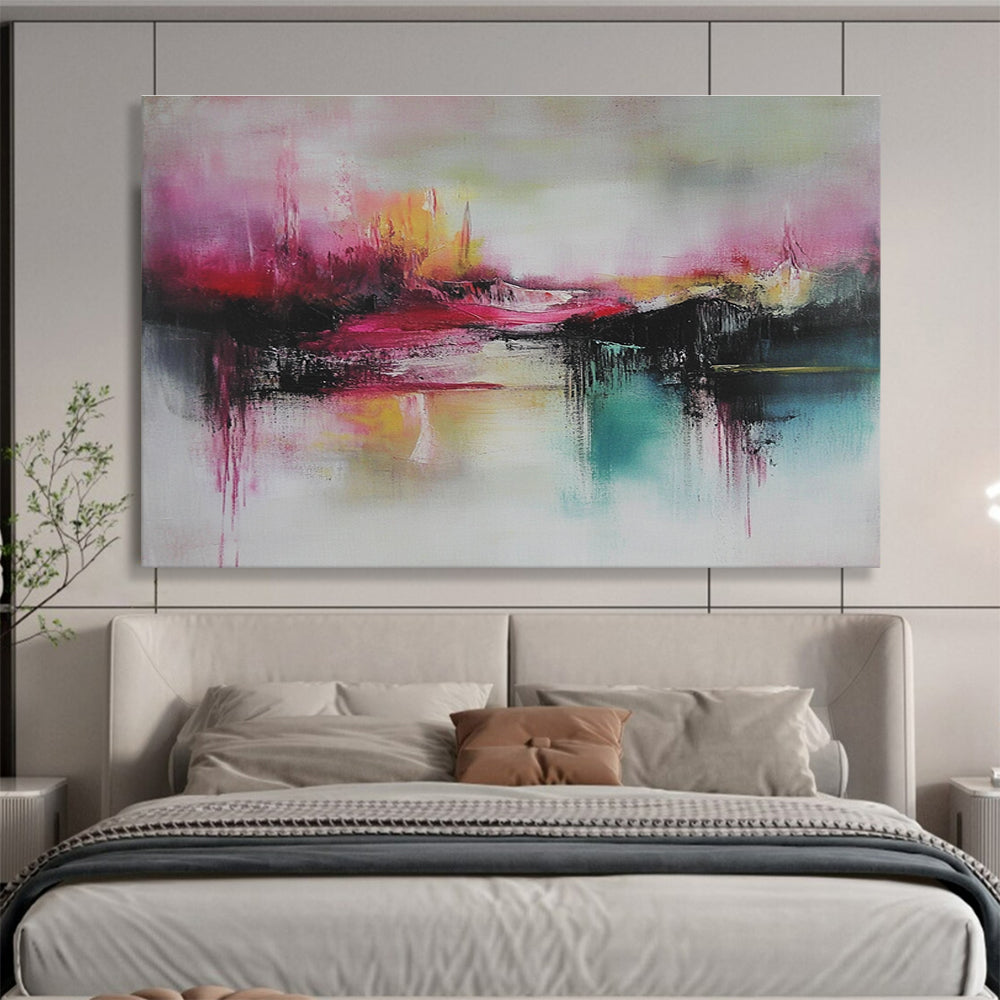 Large abstract painting featuring thick brush strokes in soft pink and teal with striking red accents for a captivating artistic touch.SC089