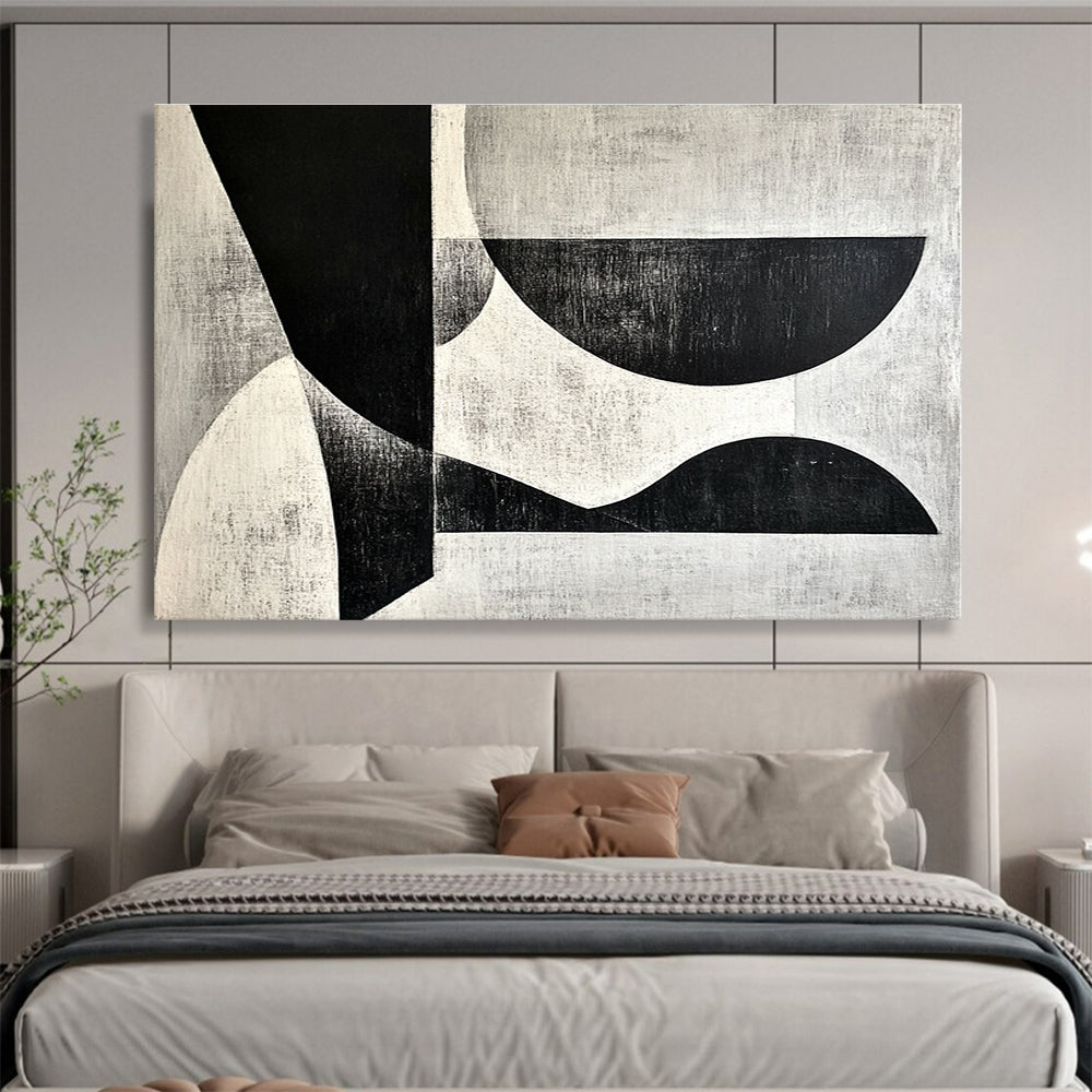 A large abstract painting featuring black and white shapes on a gray background inspired by Wim de Vries artistic style.SC506