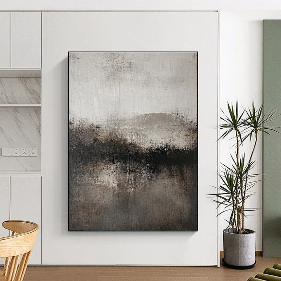 Large abstract artwork featuring neutral tones in gray and black with subtle textures for a sophisticated decor touch.STSC080