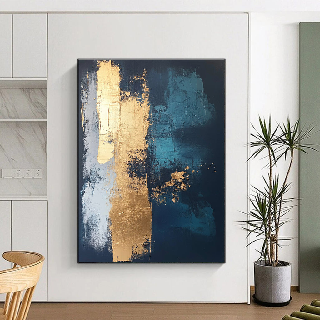 Dark Blue and Gold Abstract Painting with Bold Textures GER372
