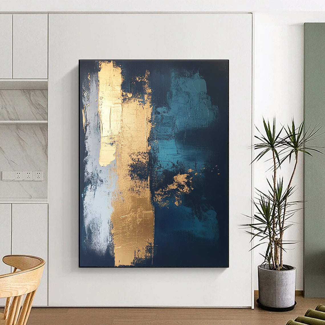 Dark Blue and Gold Abstract Painting with Bold Textures GER372