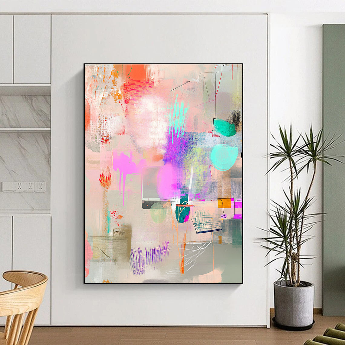 Large abstract painting featuring pastel colors and whimsical shapes on a light gray background ideal for creating a cheerful atmosphere in any space.STSC1025