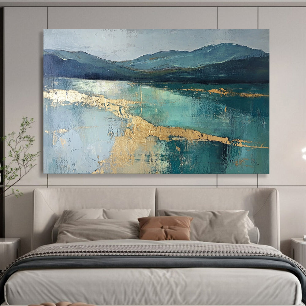 Blue Mountain Lake Gold Abstract Painting with Metallic Highlights DYP266
