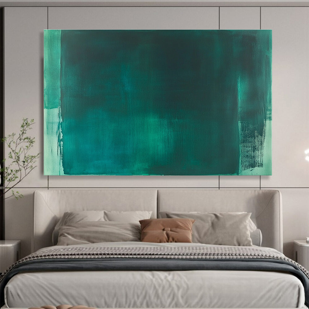 Large abstract painting featuring emerald green and teal, with loose brush strokes and a minimal monochromatic palette in the style of Mark Rothko.SC233