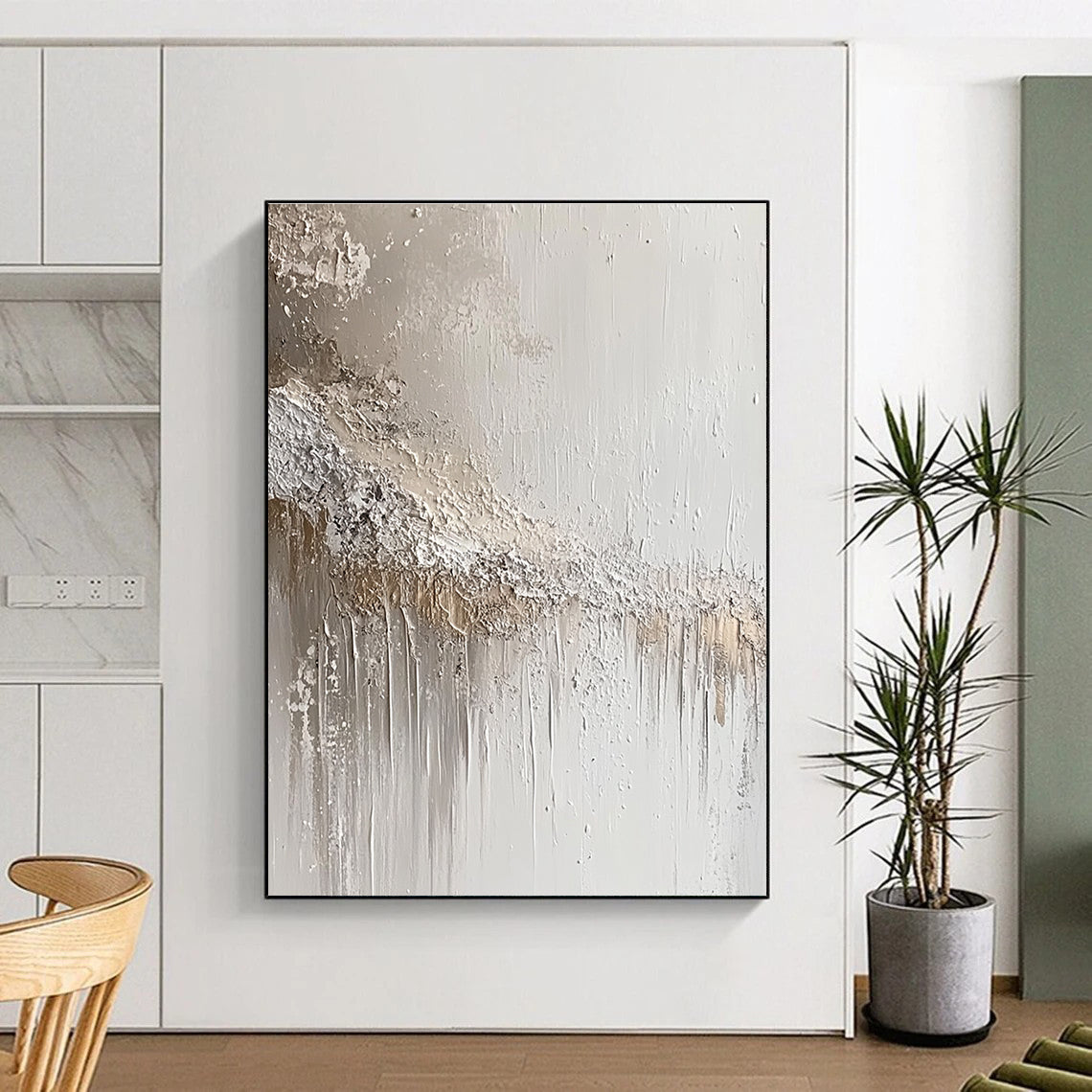 Large abstract painting featuring an apocalyptic landscape with intricate grey and silver splashes inspired by Zdzisław Beksiński.STSC843