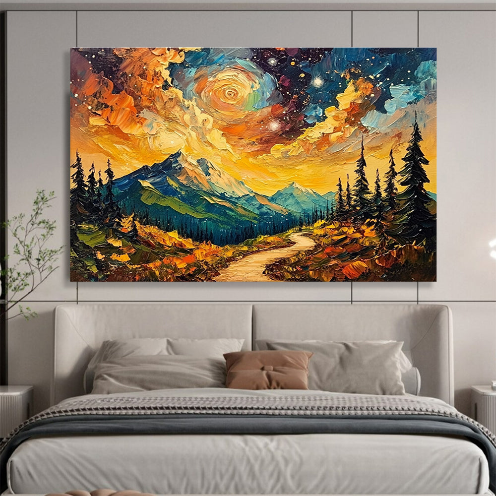 Vibrant Mountain Path Abstract Painting with Starry Sky DYP155