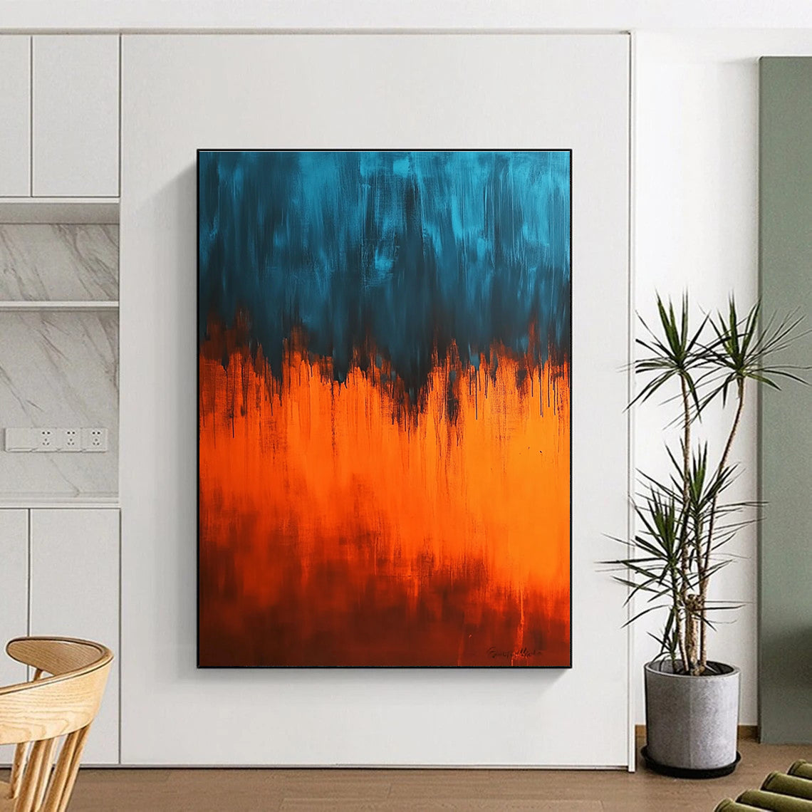 Large abstract painting featuring an orange and blue gradient background with strong light and dark contrasts creating a mysterious ethereal atmosphere.STSC385