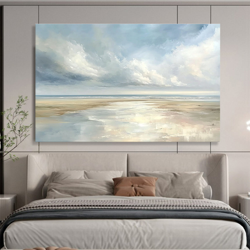 A large abstract painting depicting a serene coastal landscape with pastel skies and reflective puddles on sandy beaches, evoking tranquility.SC544