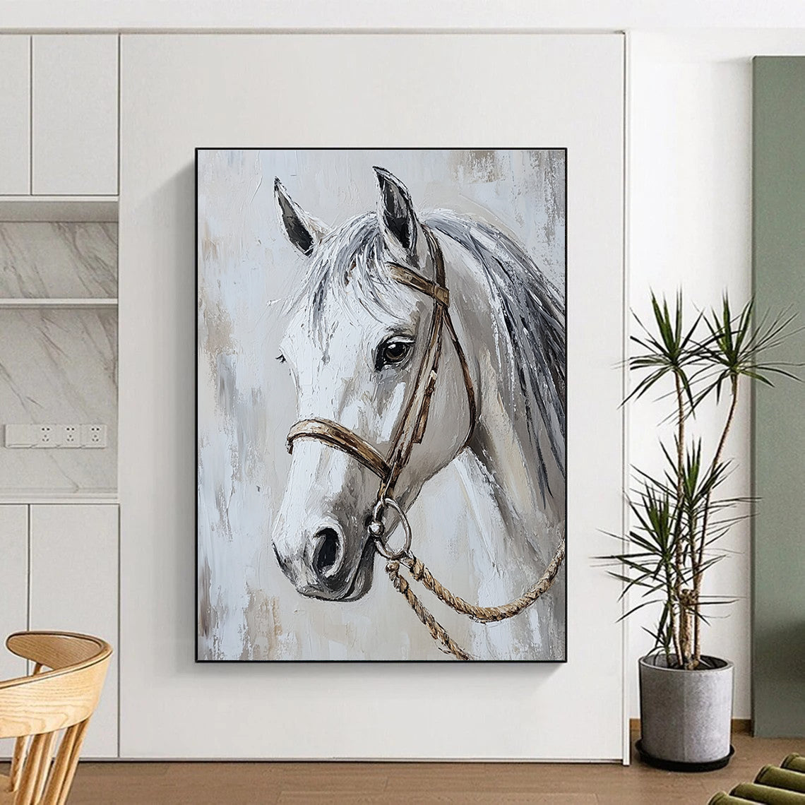 Abstract painting of a white horse's head capturing elegance with flowing grey mane and detailed halter in a luxurious light and shadow composition.STSC959