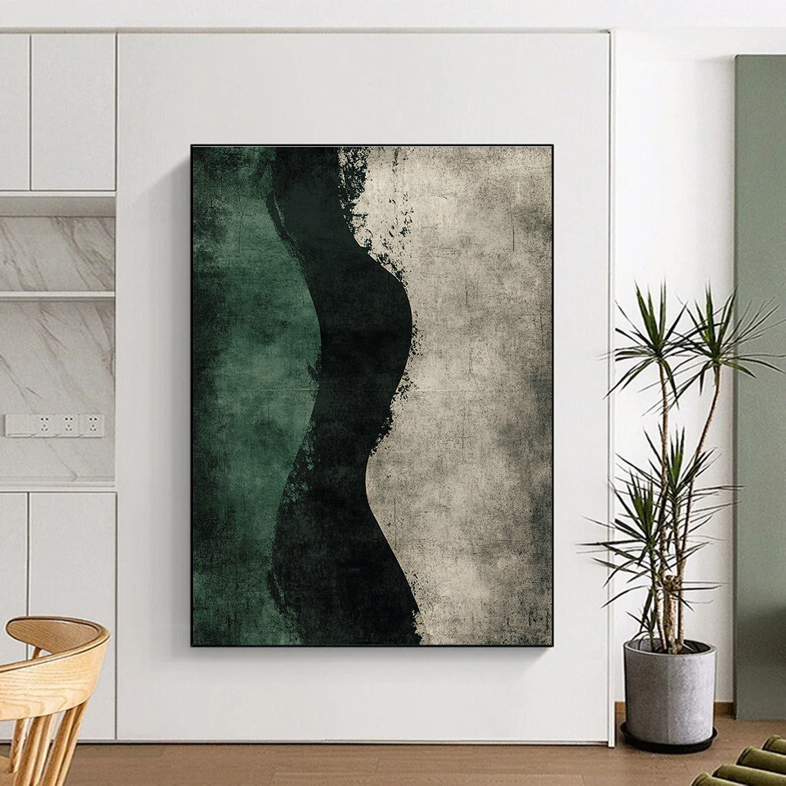 Green and Black Silhouette Abstract Painting with Textured Background GER150