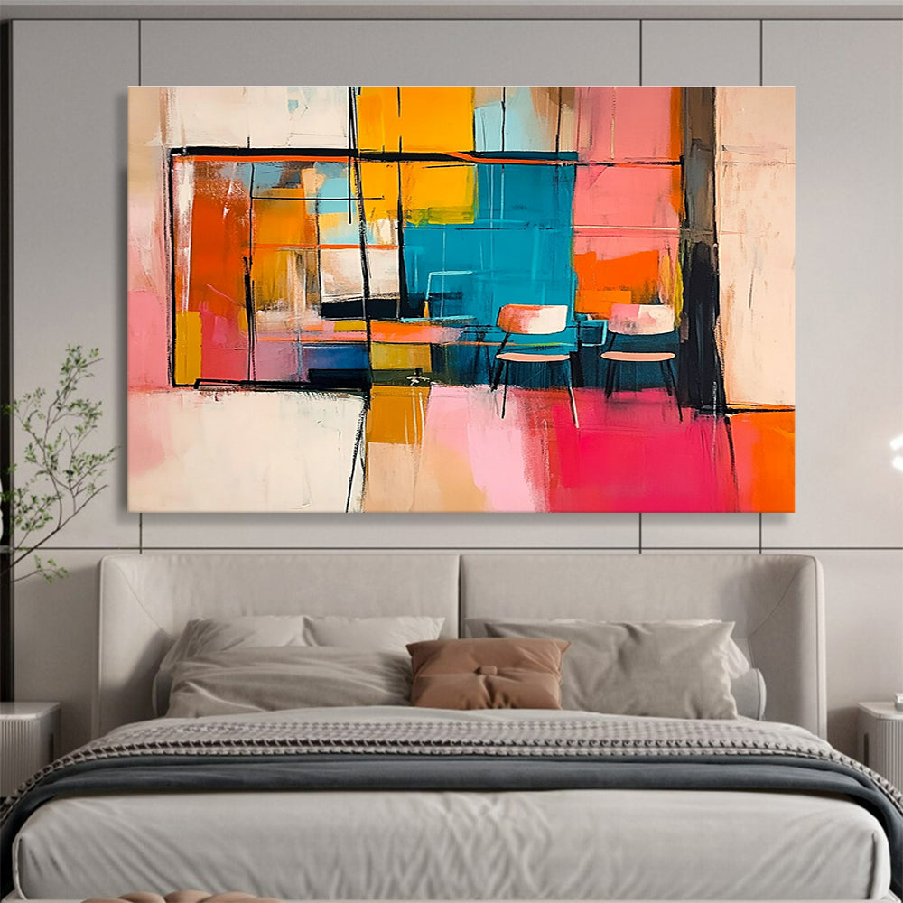 Large abstract painting featuring an interior with chairs and tables visible through a window in vibrant pink orange yellow and blue.SC336