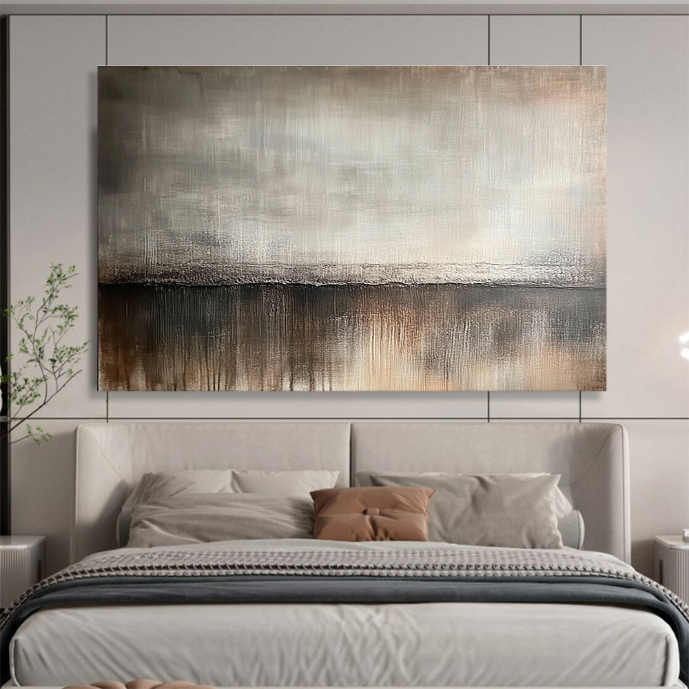 Large abstract painting featuring a muted gray and brown gradient background with soft brush strokes resembling vintage wood textures.SC534