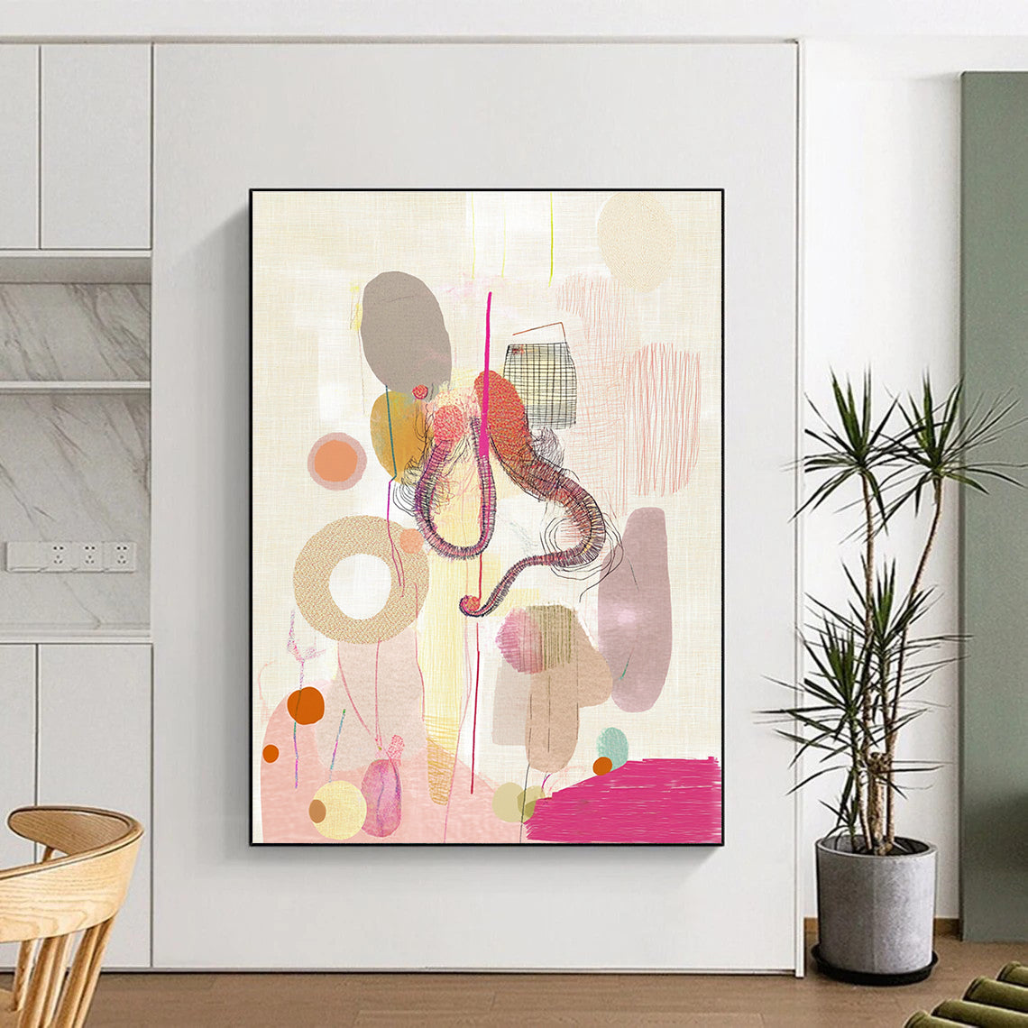 Abstract painting featuring shapes and organic forms with a whimsical octopus figure climbing a geometric form amidst bubbles and pink stripes.STSC841