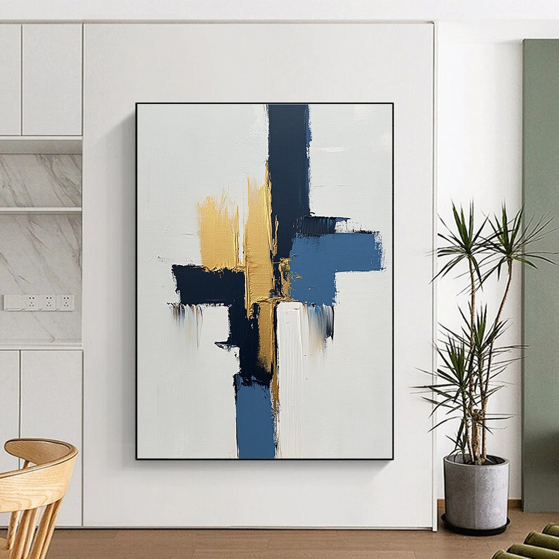 Blue and Gold Abstract Painting with Bold Strokes GER440