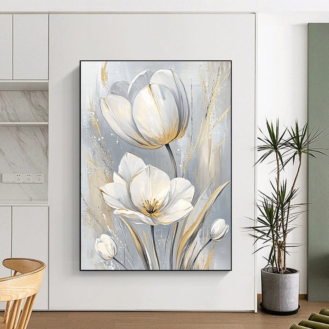 Large abstract painting featuring elegant white tulips with intricate petals and soft pastel tones creating a serene atmosphere.STSC1480