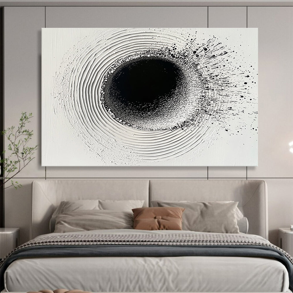 An abstract painting featuring a circular hole filled with water droplets creating ripples on a white plaster background with black ink lines.SC435
