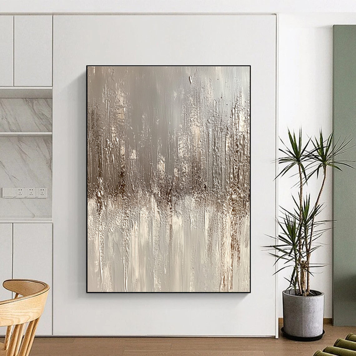 Textured Gray and Beige Abstract Painting with Dripping Effects GER247