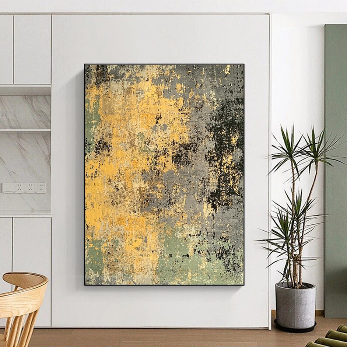 Yellow Gray Green Abstract Painting with Earthy Vibes GER403