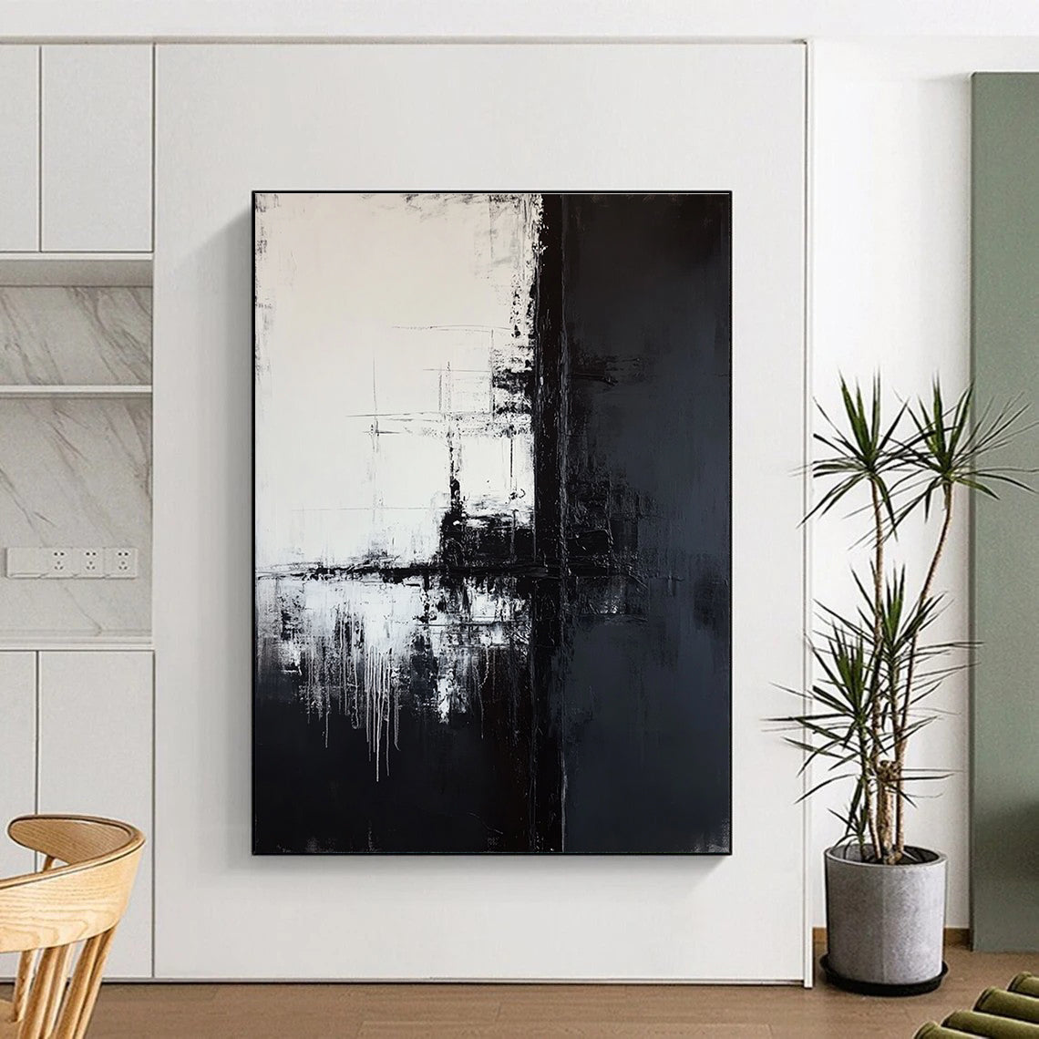 Large abstract painting featuring a tall black telephone pole against a dark gray and white background with textured brushstrokes and a minimalist composition.STSC372