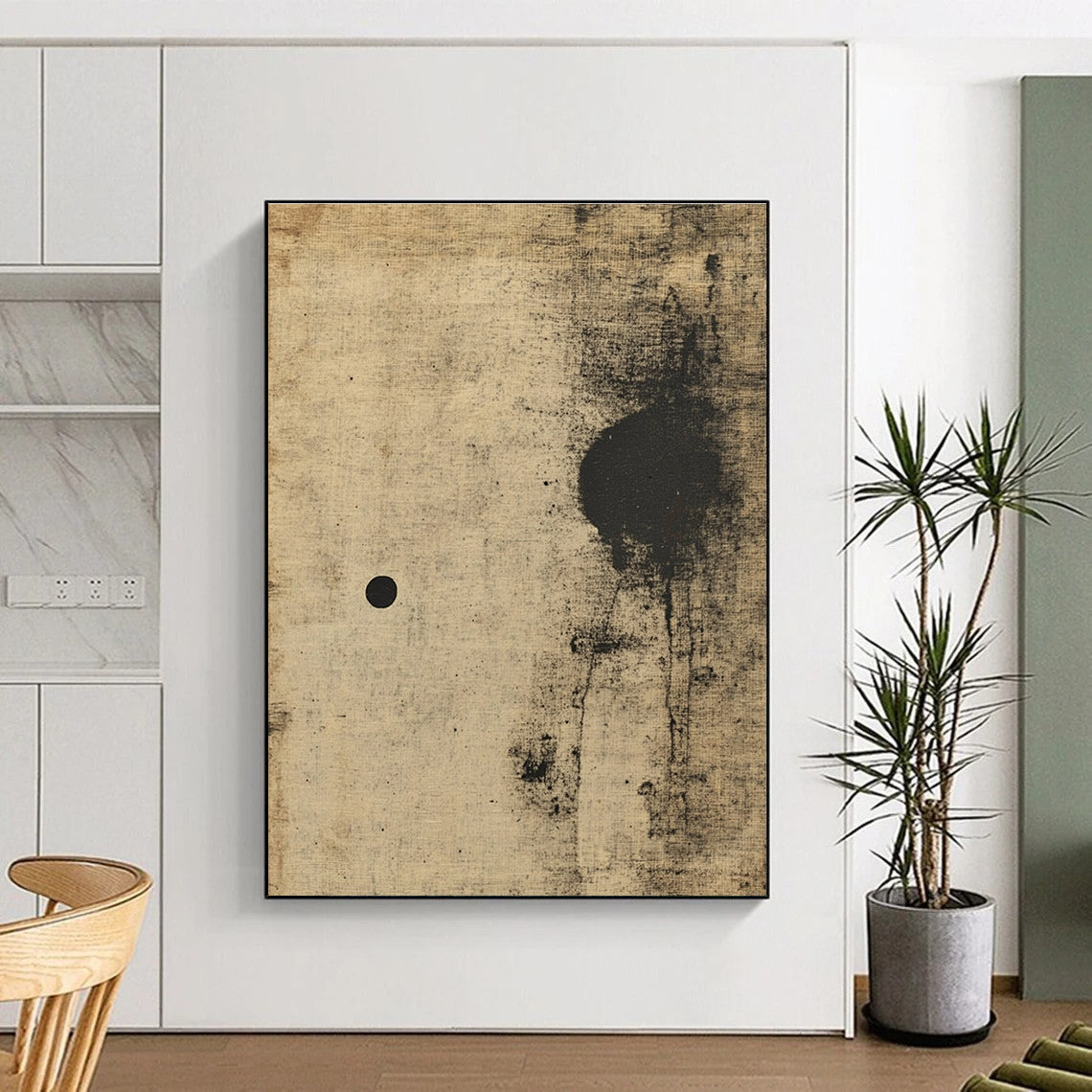 Large abstract painting of an animal in beige and black with antique texture soft edges and minimalist aesthetic.STSC635