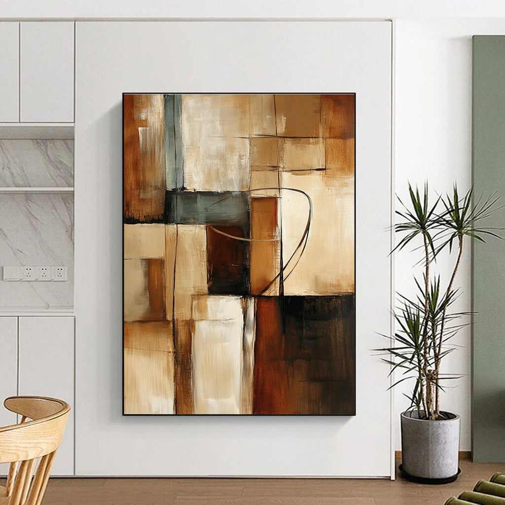 Large abstract painting featuring earthy tones and geometric shapes with textured brush strokes creating a calm and dynamic atmosphere.STSC751