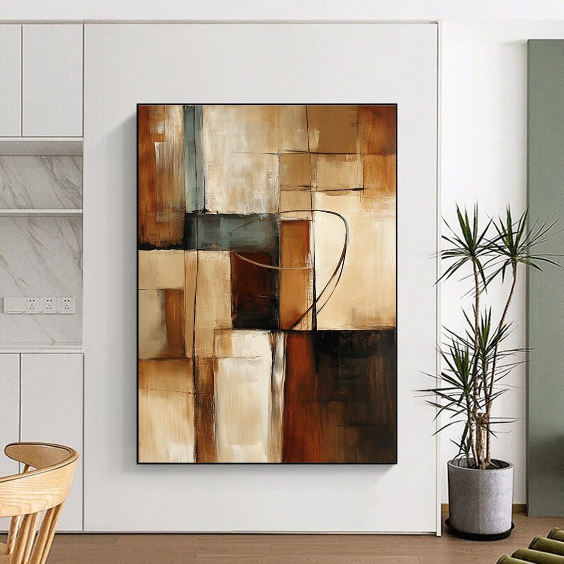 Large abstract painting featuring earthy tones and geometric shapes with textured brush strokes creating a calm and dynamic atmosphere.STSC751