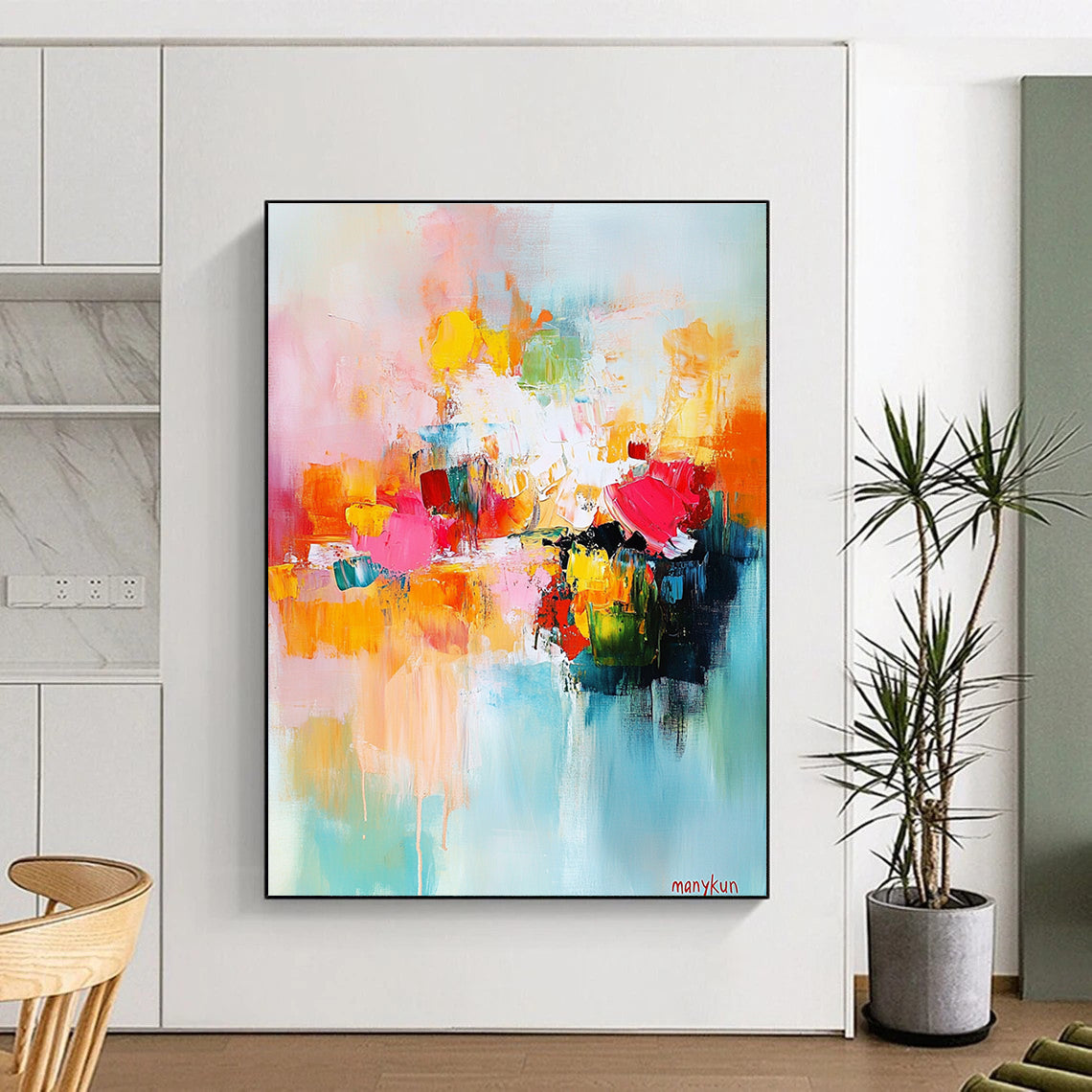 Large abstract painting in bright colors featuring harmonious shapes and soft edges with central text manykun suggesting a serene garden atmosphere.STSC414