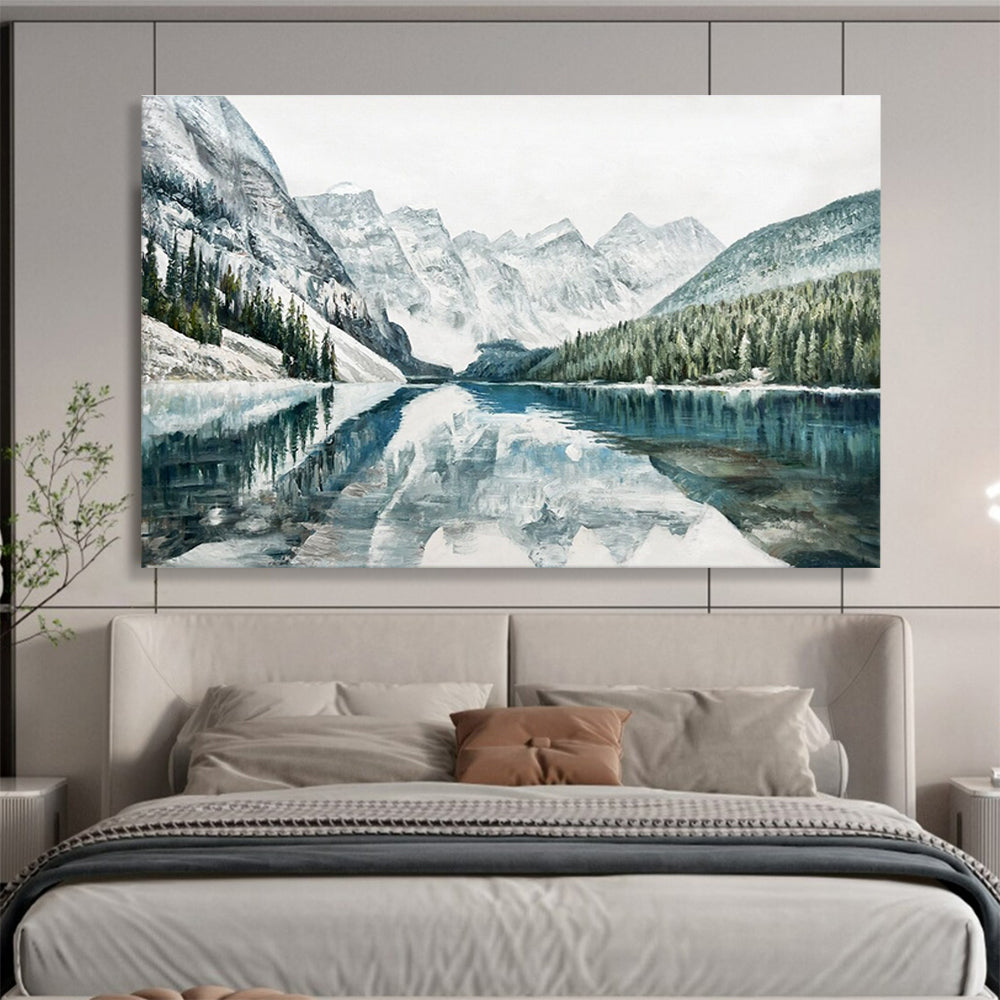 Snowy Mountain Lake Abstract Painting with Blue, White, and Green Tones THY221