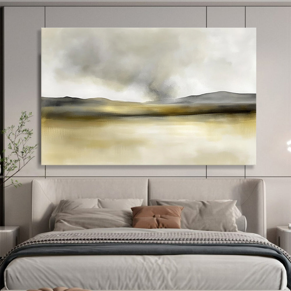 Large abstract painting in soft watercolors featuring neutral beige and gray tones with yellow accents and distant rolling hills under smoke.SC075
