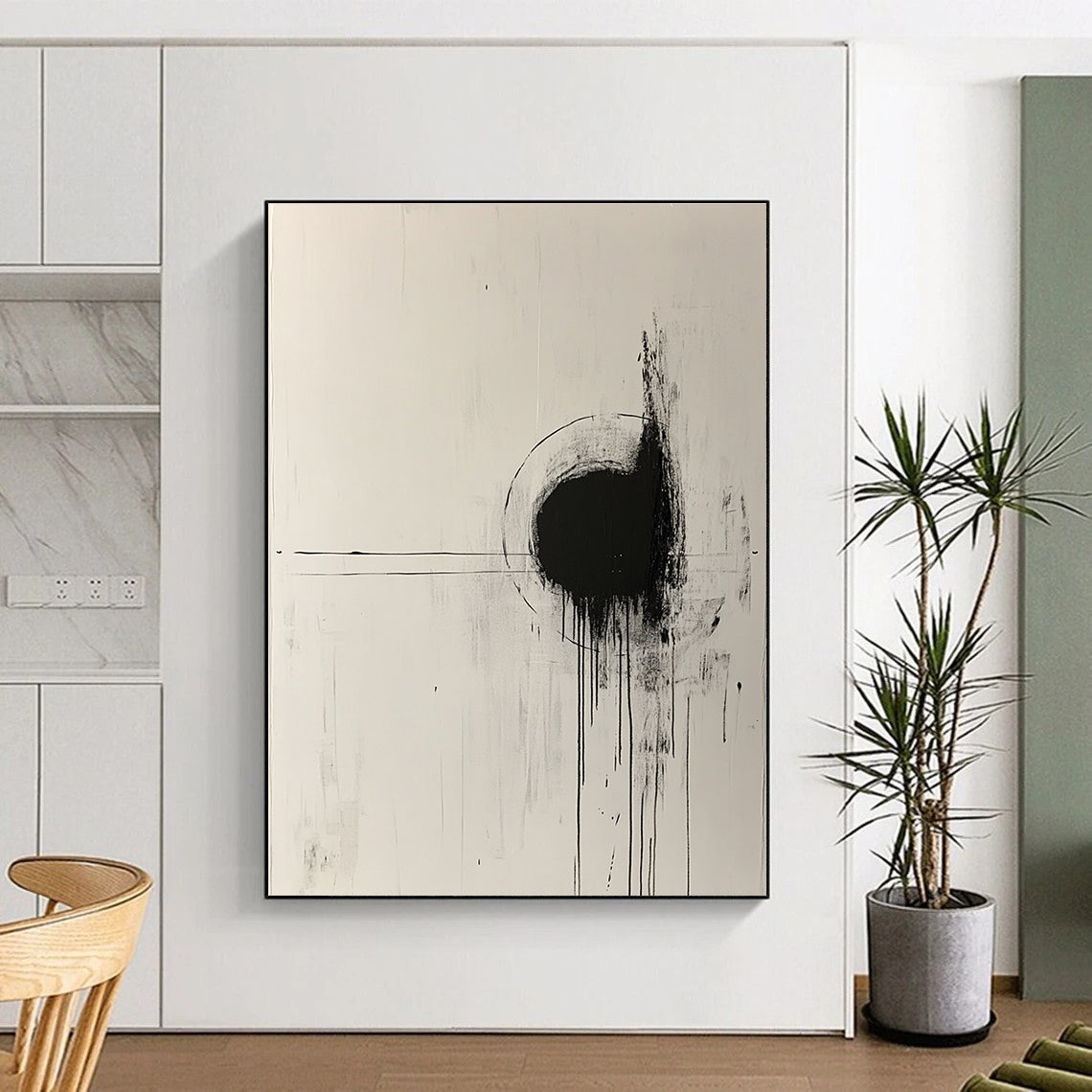 Large abstract painting with white background black lines paint drips central circle and expressive brush strokes emphasizing negative space.STSC568