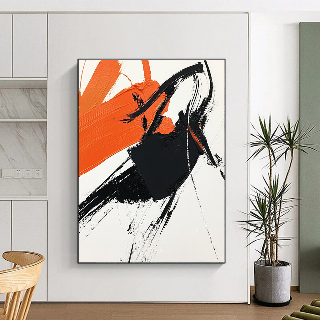 Abstract painting featuring black and orange on white paper with a cheering figure celebrating victory in a simplistic yet vibrant composition.STSC1274