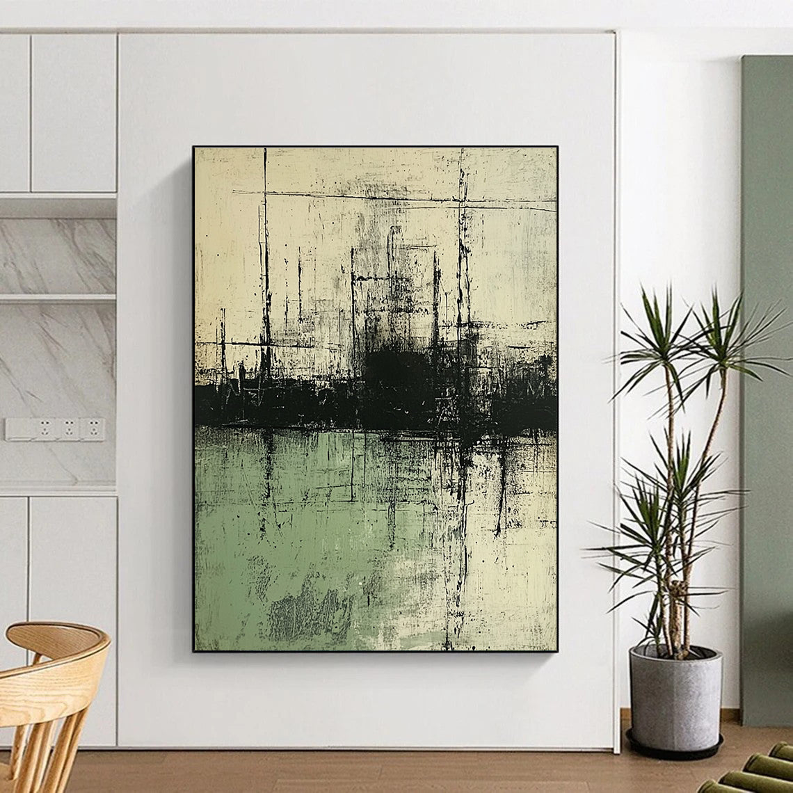 Large abstract painting featuring neutral tones of green and gray with water elements inspired by multiple renowned artists.STSC139
