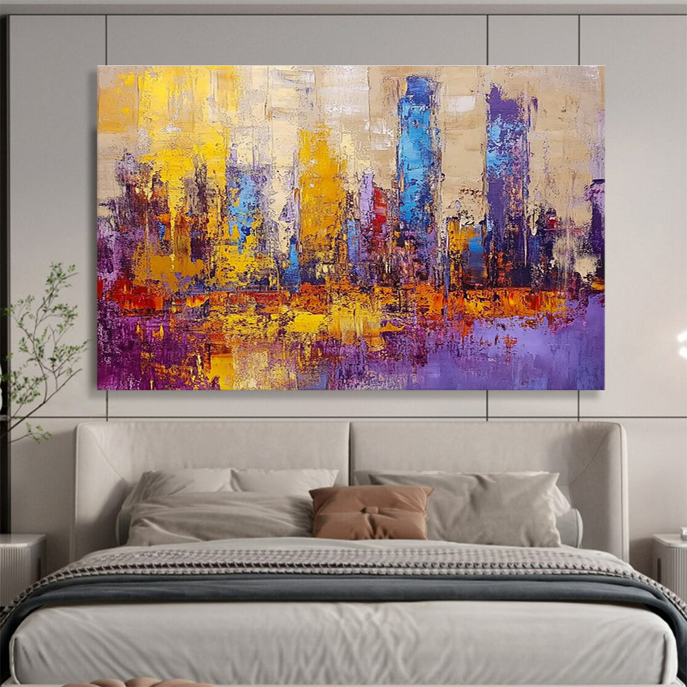 Colorful Cityscape Abstract Painting with Purple and Gold Accents DYP514