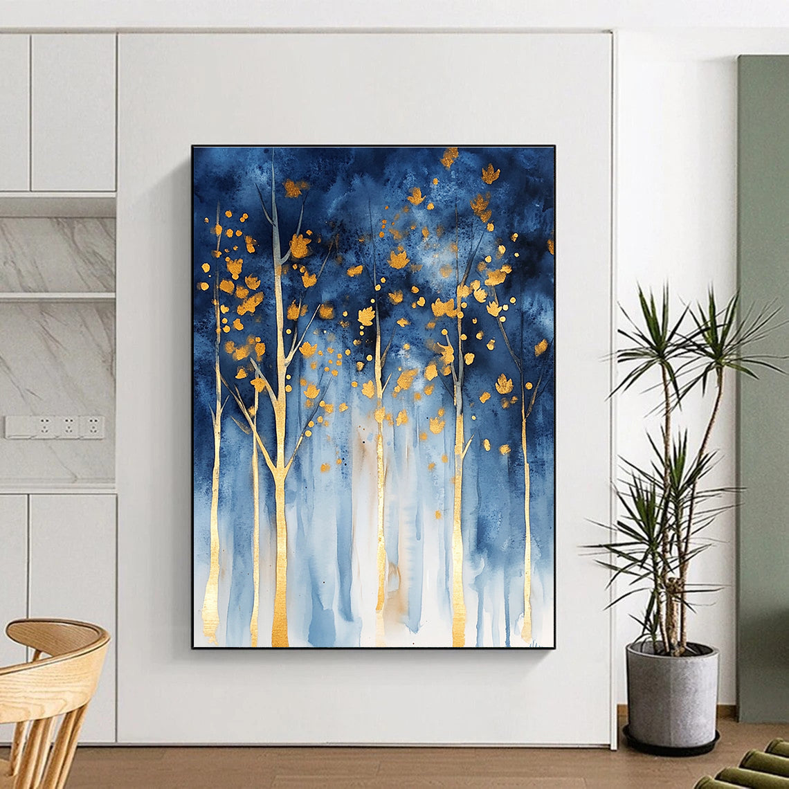 Abstract forest in watercolor with blue and gold hues and gold foil accents featuring trees with golden leaves against a dark sky.STSC059
