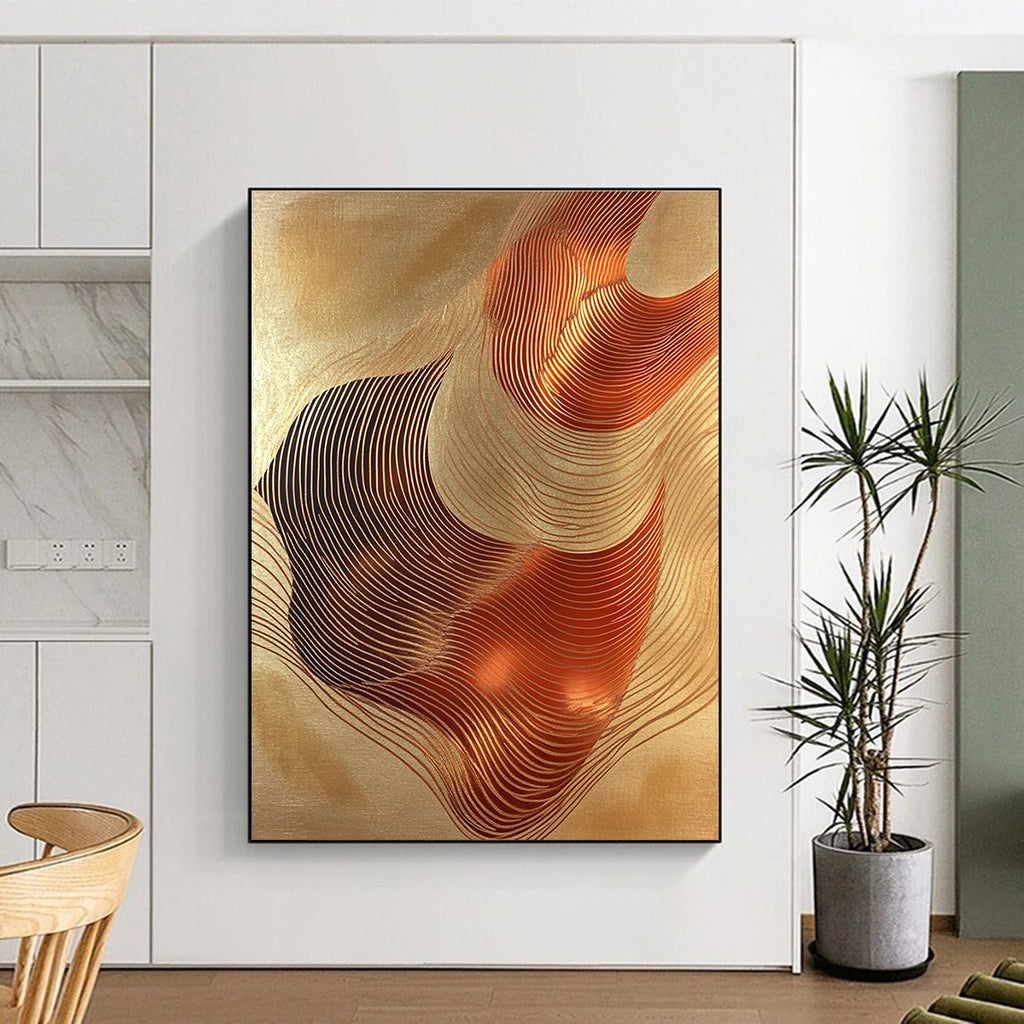 A large abstract artwork featuring elegant copper foil waves on golden paper exuding fluidity and harmony for any design space.STSC1440