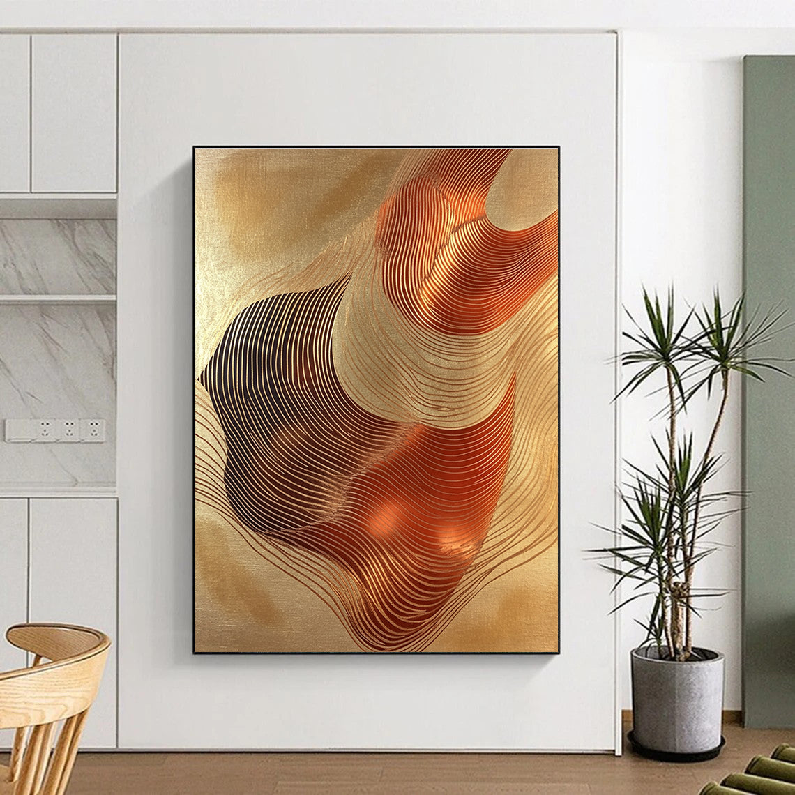 A large abstract artwork featuring elegant copper foil waves on golden paper exuding fluidity and harmony for any design space.STSC1440