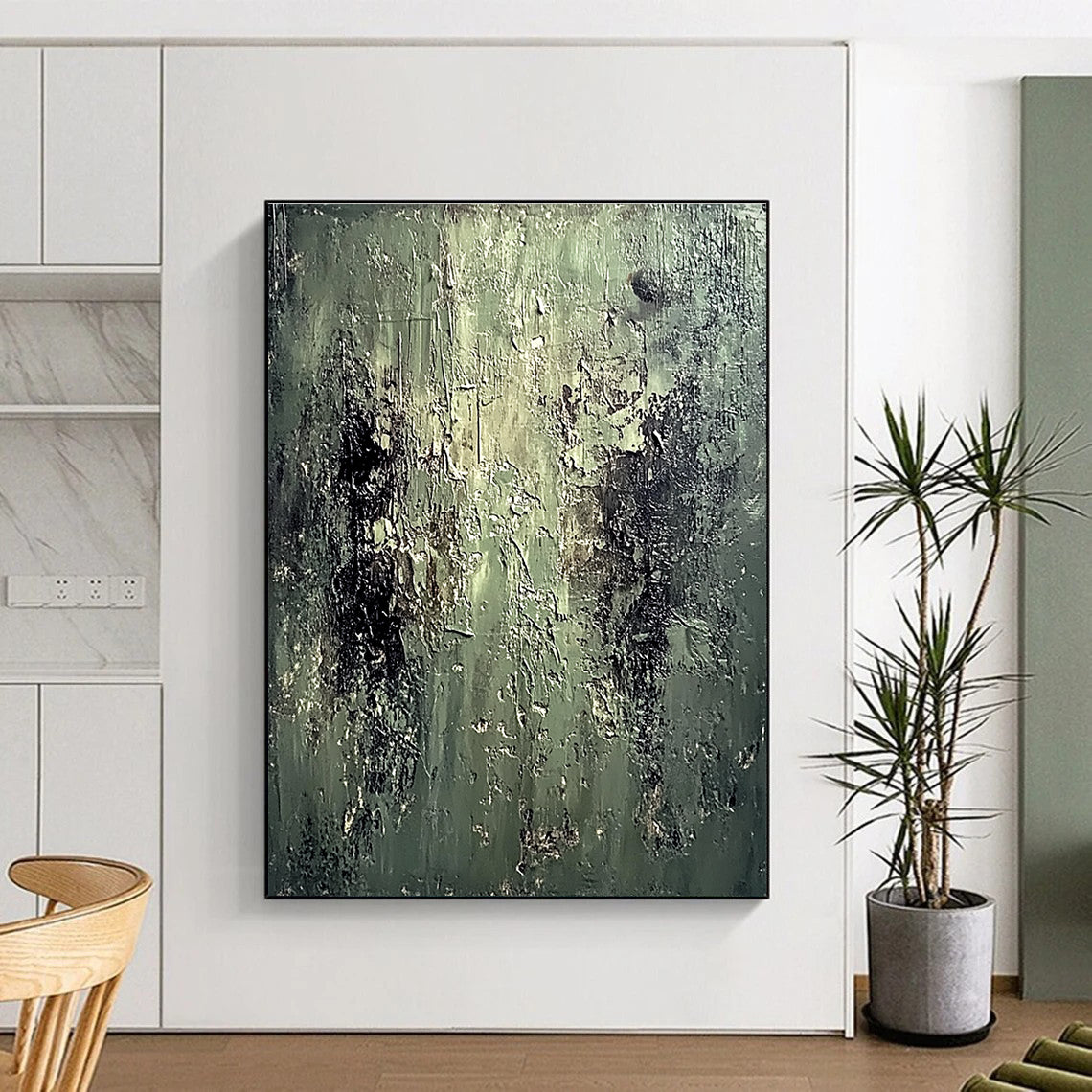Large abstract oil painting of an old mossy wall with peeling paint in muted greens and dark browns evoking coolness and desolation.STSC587