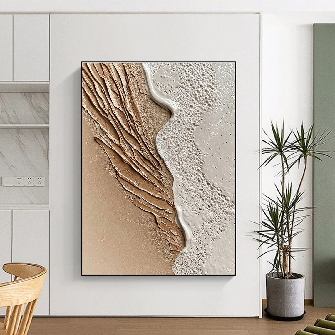 An abstract painting capturing close-up sand and serene waves at sunset featuring intricate details and a soothing beige color scheme.STSC943