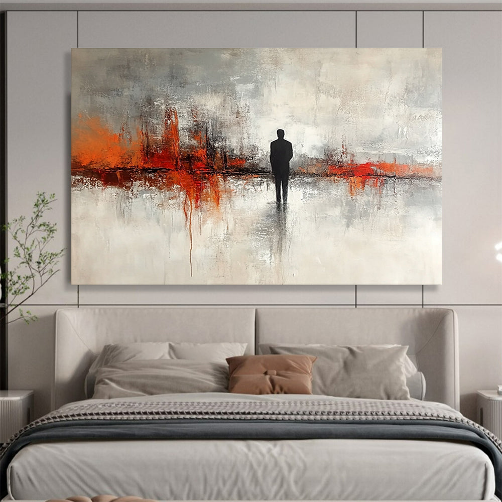 Silhouette in Abstract Landscape Painting with Gray and Orange DYP417