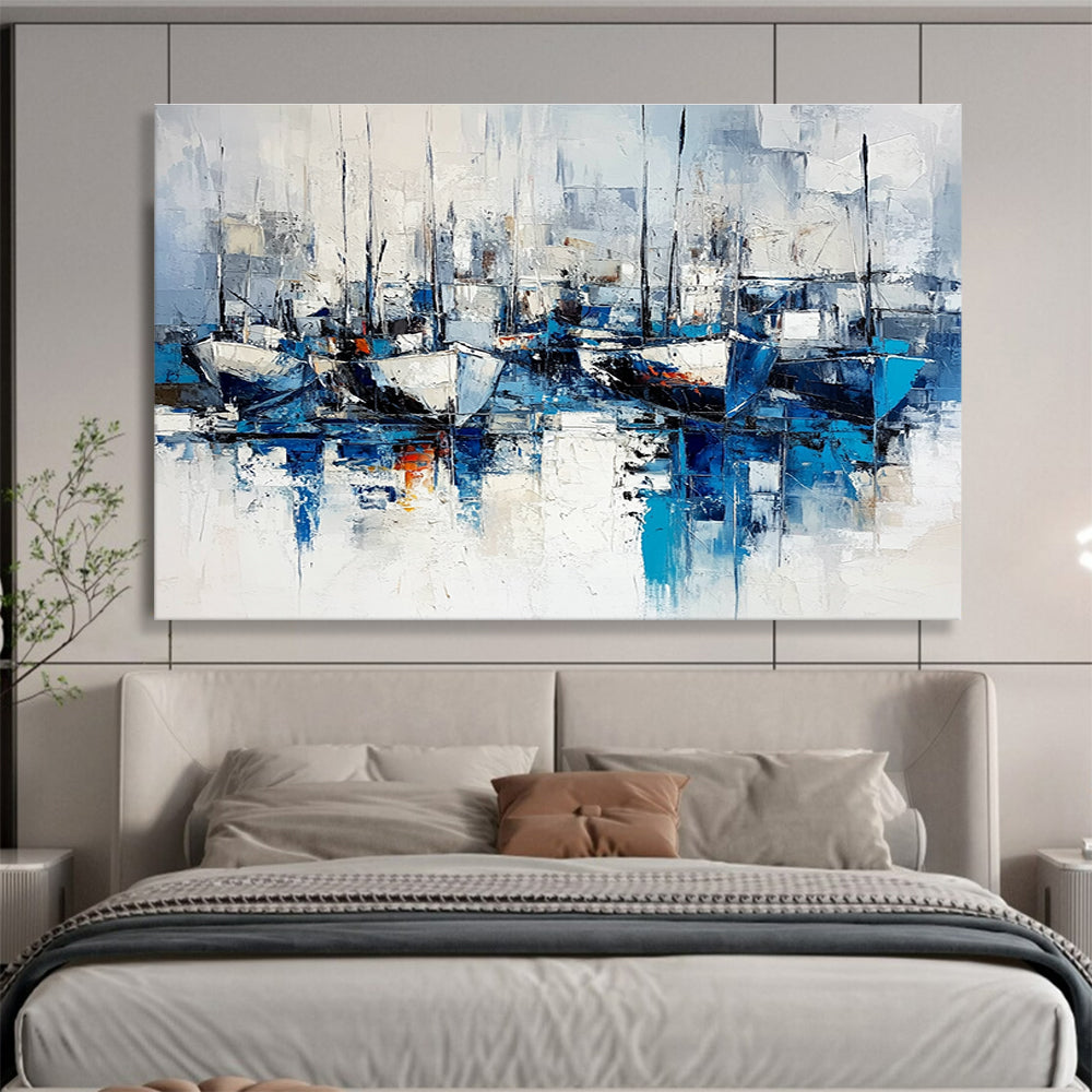 Large abstract painting featuring blue and white hues on a white background capturing chaotic ships and docks in a cool mysterious atmosphere.SC030