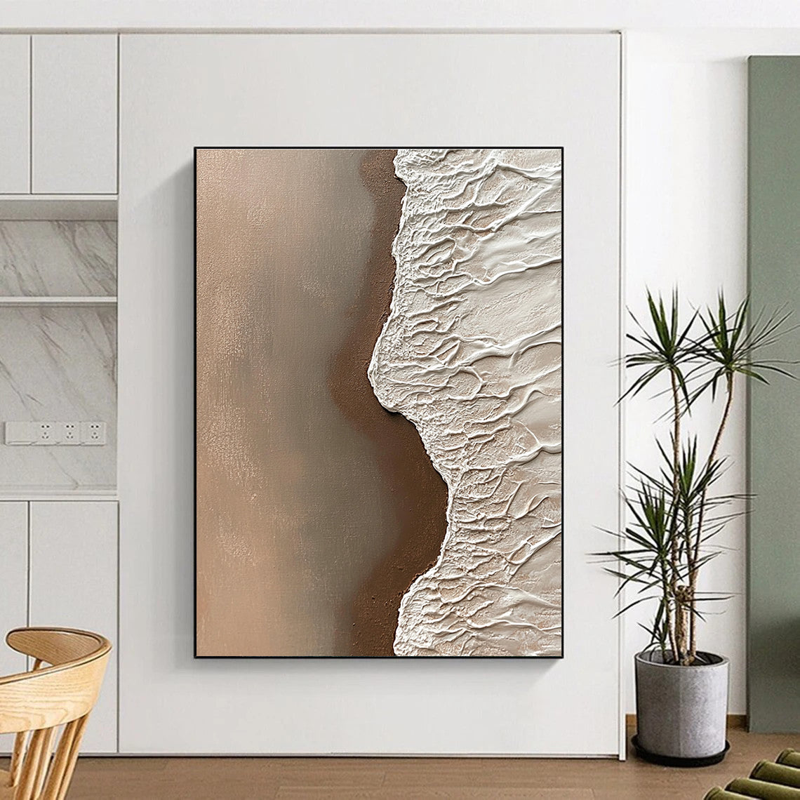 Abstract painting of sand meeting water with intricate details of grains in natural tones creating a tranquil coastal atmosphere.STSC954
