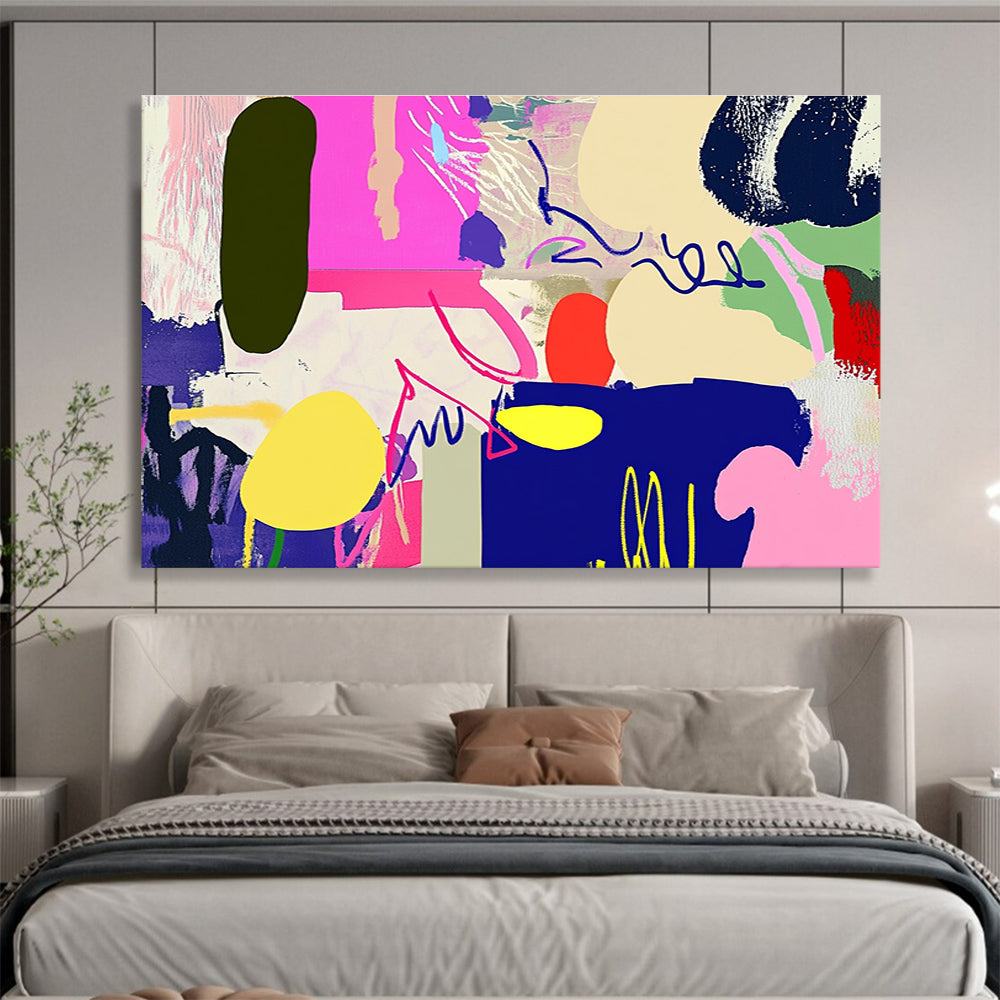 Large abstract artwork featuring vibrant shapes and lines with a unique animal silhouette in the right corner for a striking visual impact.SC455