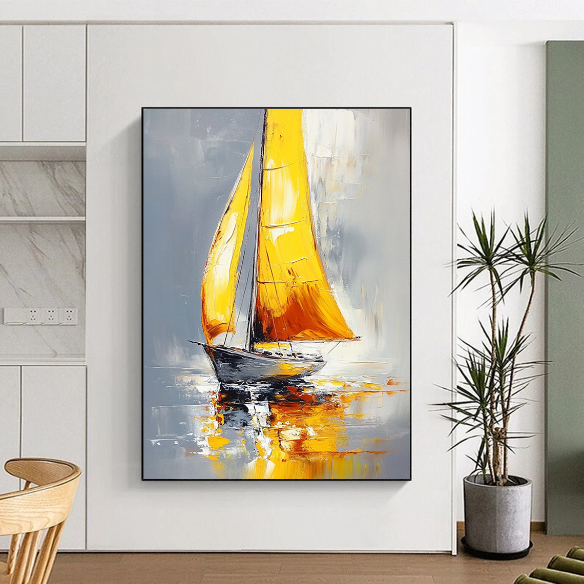 Large abstract painting of a sailboat with yellow sails on water featuring gray background and warm colors with soft lighting and bold brushstrokes.STSC1400