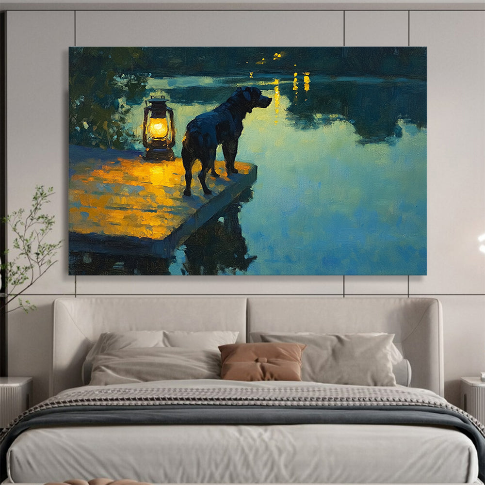 Large abstract painting featuring a black dog on a dock with a lantern reflecting on a lake at dusk in Impressionist style.SC597