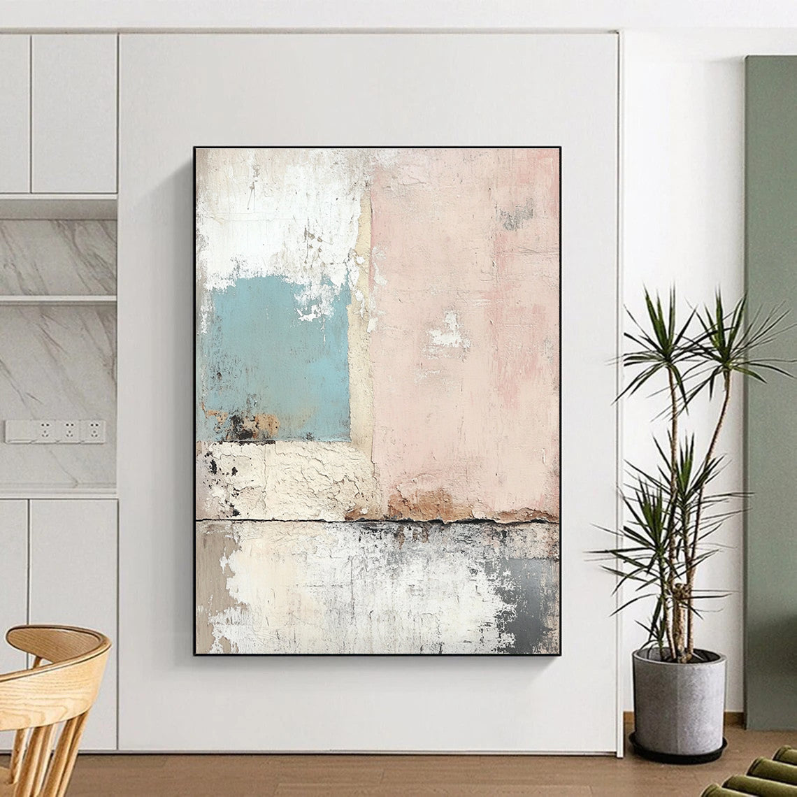 Large abstract painting featuring a weathered wall in soft pastels with a nostalgic texture reminiscent of vintage wallpaper.STSC657